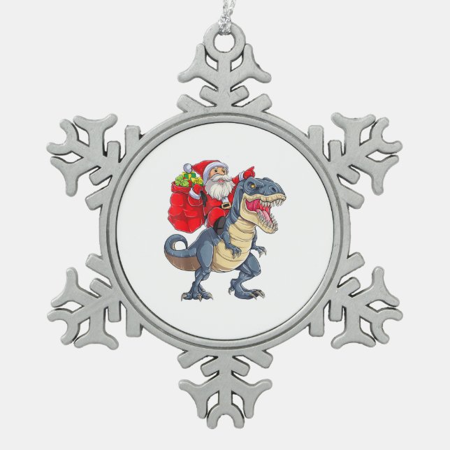 Santa Riding Dinosaur T rex Christmas Boys Men Xma Snowflake Pewter Christmas Ornament (Front)