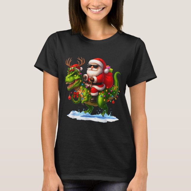 Santa Riding Dinosaur T Rex Christmas Boys Men Xma T-Shirt (Front)