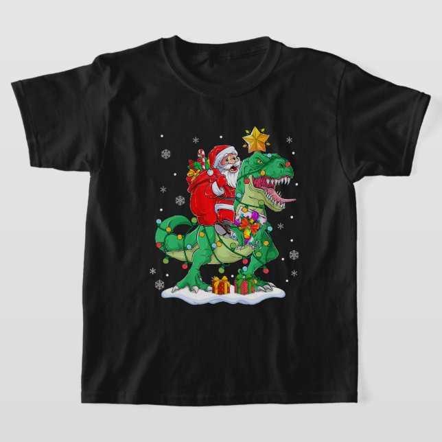 Santa Riding Dinosaur T rex Christmas Boys Men Xma T-Shirt (Laydown)