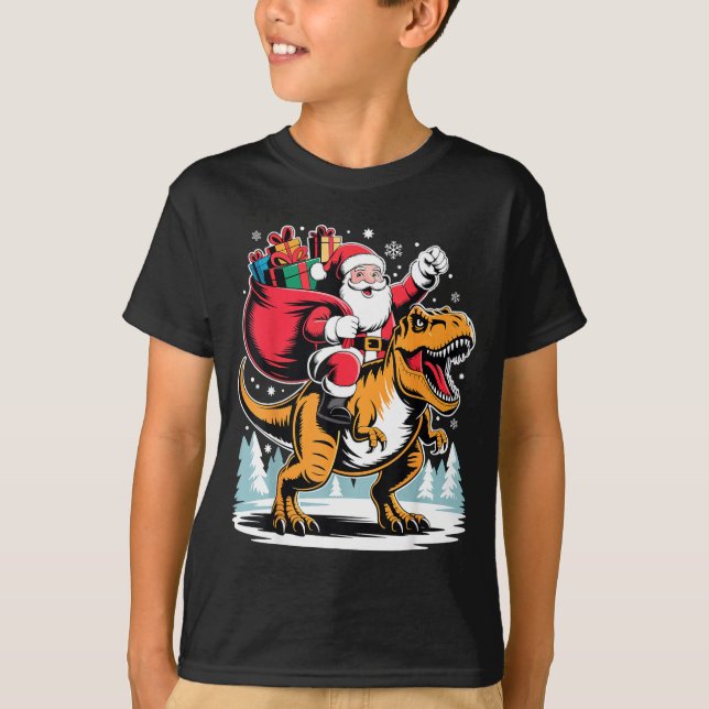 Santa Riding Dinosaur T Rex Christmas Boys Xmas  T-Shirt (Front)