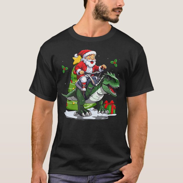 Santa Riding Dinosaur T-Rex Christmas Dinosaurs (2 T-Shirt (Front)