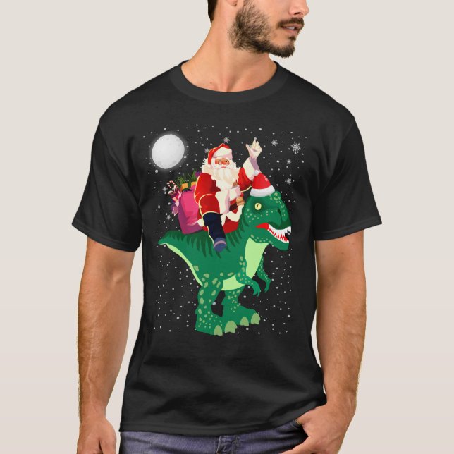 Santa Riding Dinosaur T rex Christmas Men T-Shirt (Front)