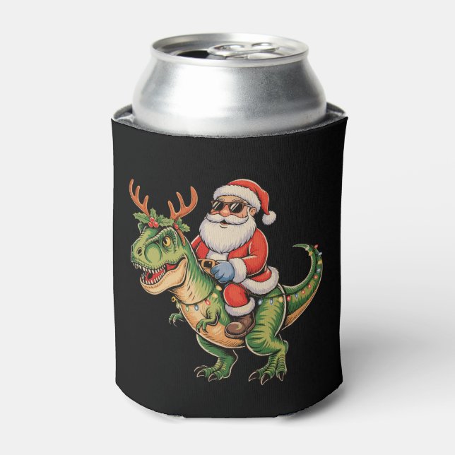 Santa Riding Dinosaur T Rex Christmas Retro Xmas Can Cooler (Can Front)