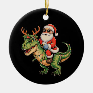 Santa Riding Dinosaur T Rex Christmas Retro Xmas Ceramic Tree Decoration