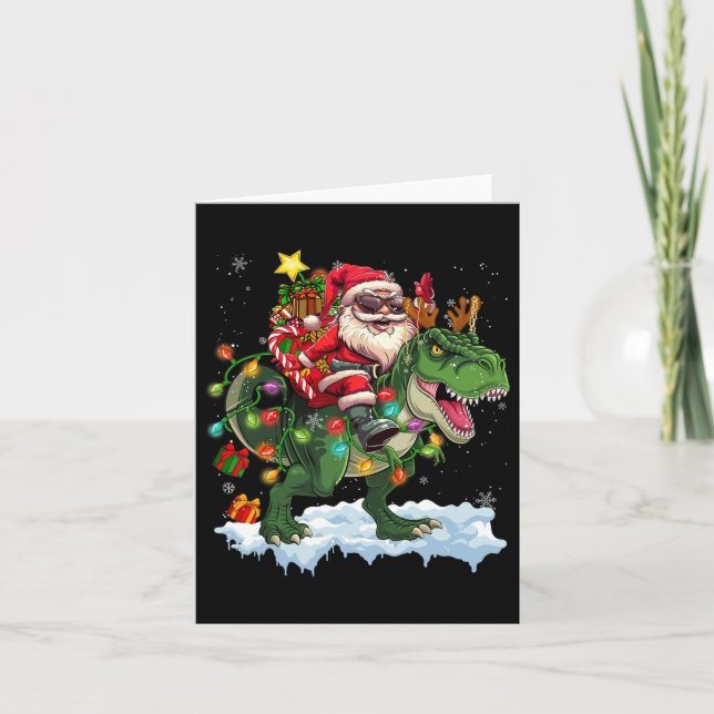 Santa Riding Dinosaur T Rex Christmas Tree Lights  Card (Front)