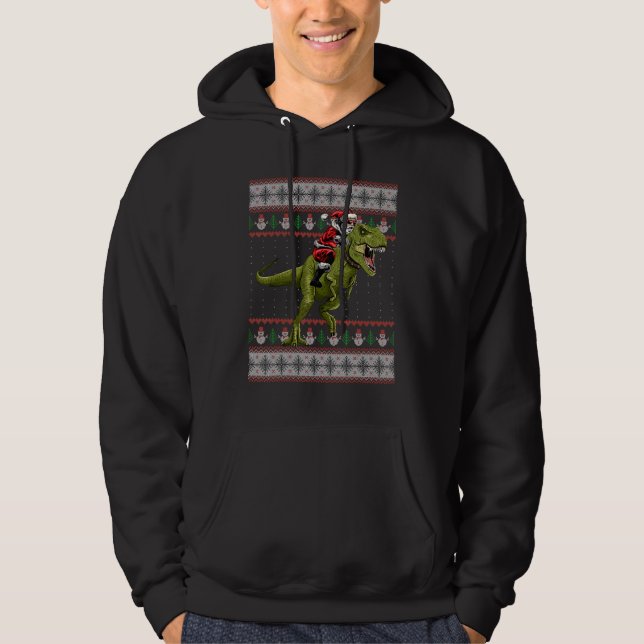 Santa Riding Dinosaur  T Rex Christmas Ugly Sweate Hoodie (Front)