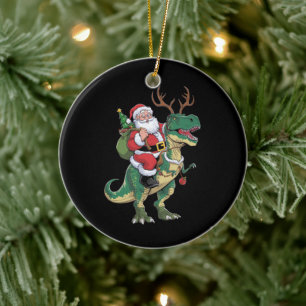Santa Riding Dinosaur T-Rex Christmas Xmas Squad Ceramic Tree Decoration