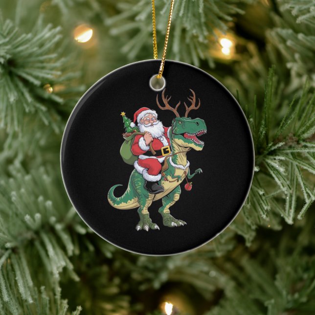 Santa Riding Dinosaur T-Rex Christmas Xmas Squad Ceramic Tree Decoration (Tree)