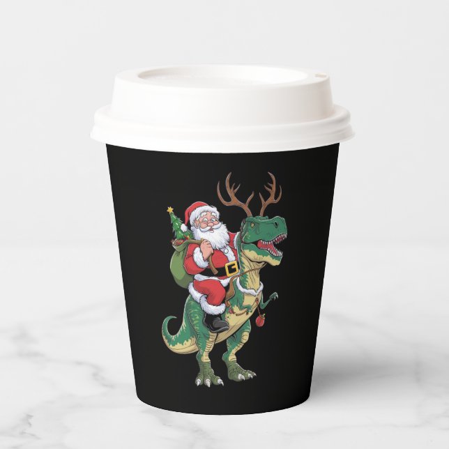 Santa Riding Dinosaur T-Rex Christmas Xmas Squad Paper Cups (Front)