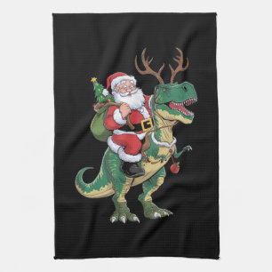 Santa Riding Dinosaur T-Rex Christmas Xmas Squad Tea Towel