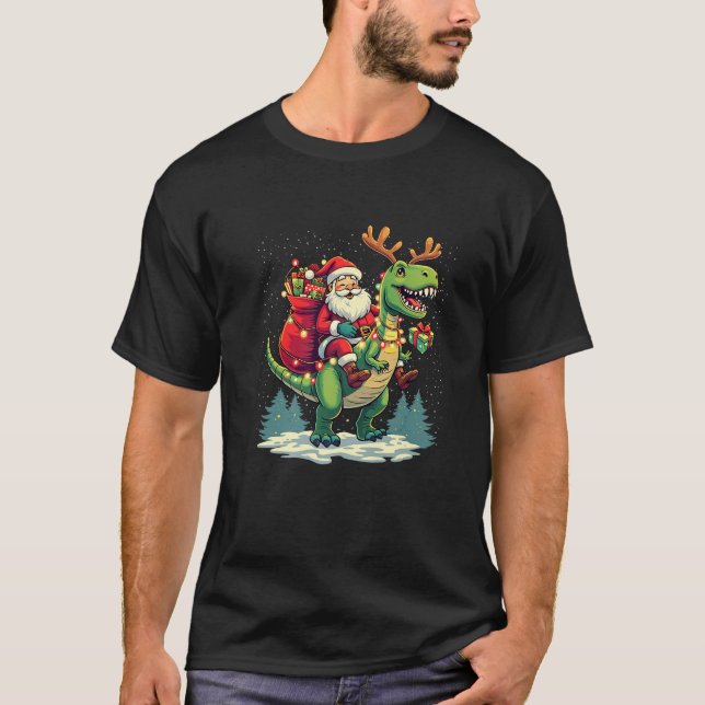 Santa Riding Dinosaur T rex Deer Xmas Lights pajam T-Shirt (Front)