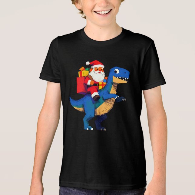 Santa Riding Dinosaur T Rex Funny Christmas  Tri-Blend Shirt (Front)