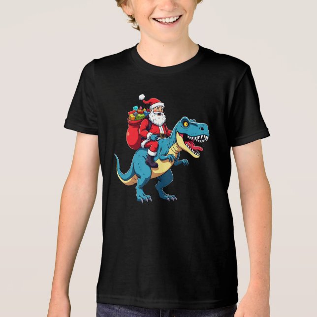 Santa Riding Dinosaur T Rex Funny Christmas  Tri-Blend Shirt (Front)