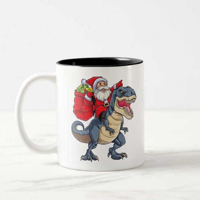 Santa Riding Dinosaur T rex T Shirt Christmas Gift Two-Tone Coffee Mug (Left)