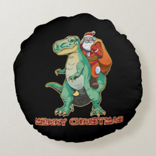 Santa Riding Dinosaur, Trex Santa, Christmas Dino Round Cushion