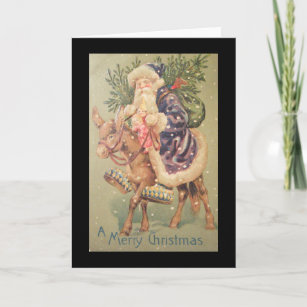 Santa Riding Donkey Vintage Holiday Card