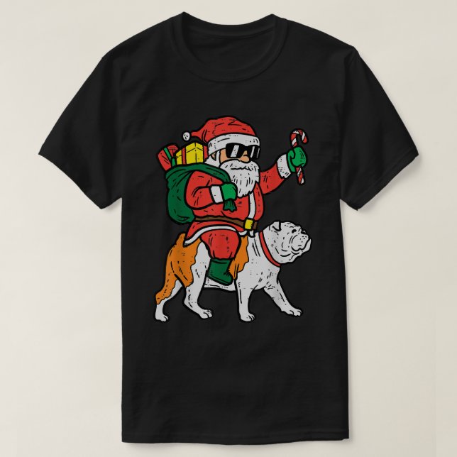 Santa Riding English Bulldog Christmas PJs Xmas Pa T-Shirt (Design Front)