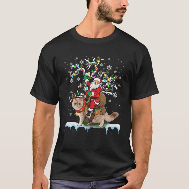 Santa Riding Exotic Shorthair Xmas Tree Santa Cat T-Shirt (Front)