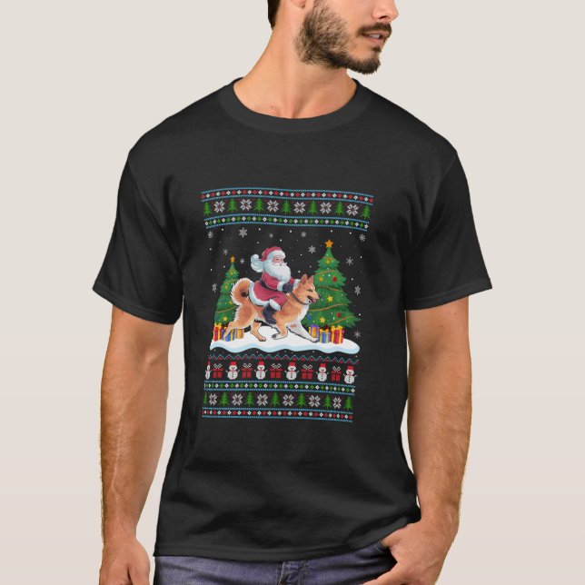 Santa Riding Finnish Spitz Dog Tree Lights Ugly Xm T-Shirt (Front)