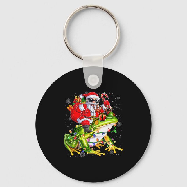Santa Riding Frog Christmas Lights Funny Xmas Tree Key Ring (Front)