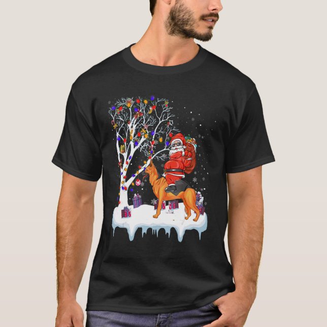 Santa Riding German Shepherd Dog Tree Lights T-Shirt (Front)