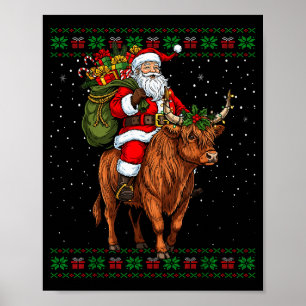Santa Riding Highland Cow Ugly Christmas Sweater Poster