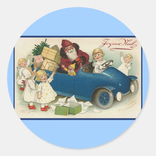 Santa Riding in a Car - Joyeaux Noel Classic Round Sticker (Front)