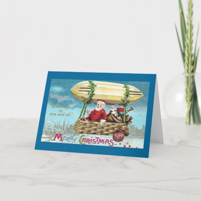 Santa Riding in Blimp Vintage Xmas Holiday Card (Front)