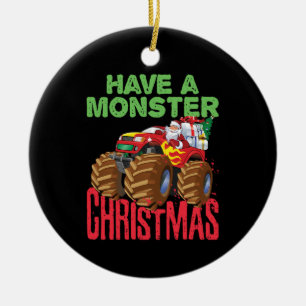 Santa Riding Monster Truck Have Monster Christmas Ceramic Tree Decoration