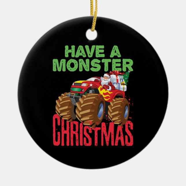 Santa Riding Monster Truck Have Monster Christmas Ceramic Tree Decoration (Front)