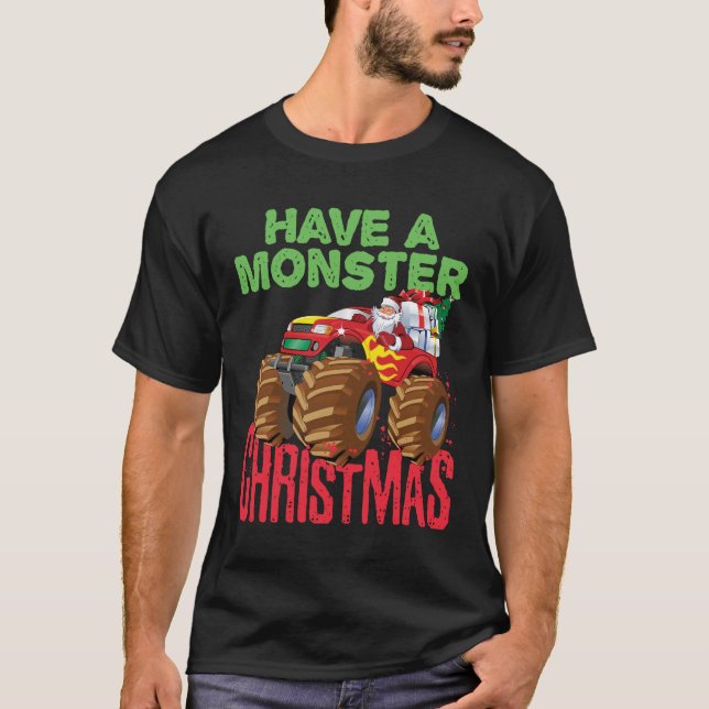 Santa Riding Monster Truck Have Monster Christmas T-Shirt (Front)