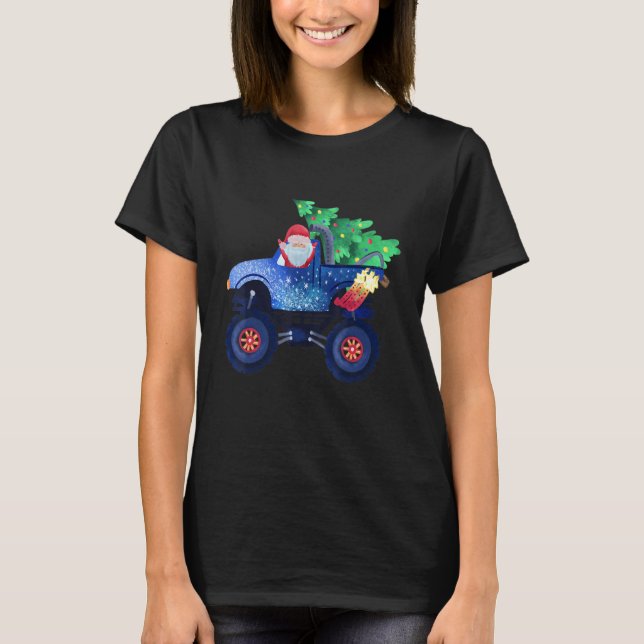 Santa Riding Monster Truck With Christmas Tree T-Shirt (Front)