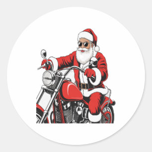 Santa Riding Motorcycle Classic Round Sticker