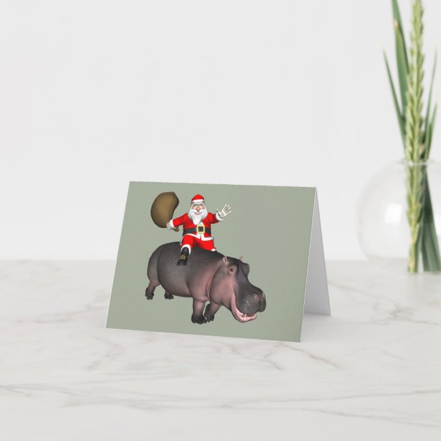Santa Riding On Hippo Holiday Card (Front)