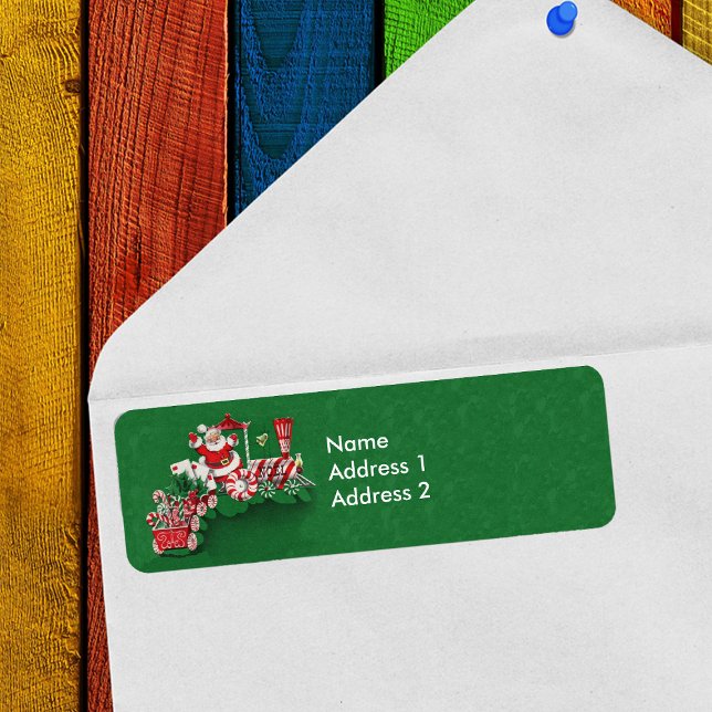 Santa Riding Peppermint Candy Christmas Train (Santa Claus on train with candy wheels and candy canes on green return address labels.)