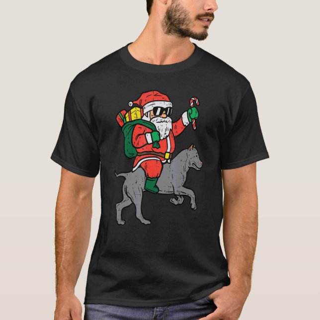 Santa Riding Pitbull Pit Dog Fun Christmas Xmas Wo T-Shirt (Front)