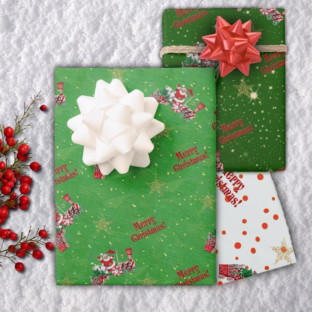 Santa Riding Red Train Gold Stars Merry Christmas Wrapping Paper Sheet (Santa train, Merry Christmas, gold stars on greens & white with red dotted Christmas wrapping paper.)