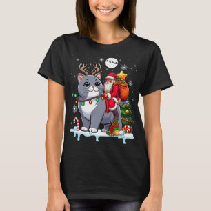 Santa Riding Reindeer British Shorthair Xmas Tree T-Shirt