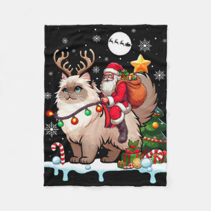 Santa Riding Reindeer Himalayan Cat Xmas Tree Colo Fleece Blanket