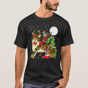 Santa Riding Reindeer Maine Coon Cat Christmas Tre T-Shirt