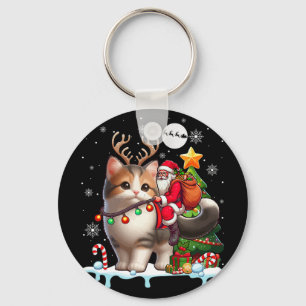 Santa Riding Reindeer Munchkin Cat Xmas Tree Colou Key Ring