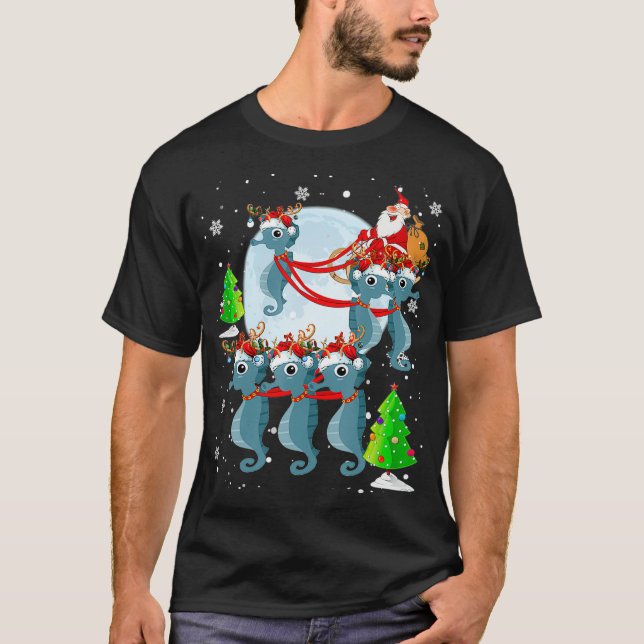 Santa Riding Reindeer Santa Seahorse Sleigh T-Shirt (Front)
