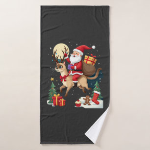 Santa Riding Reindeer Siamese Cat Christmas Tree L Bath Towel