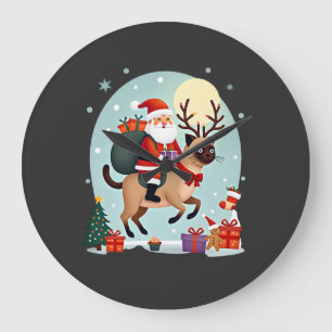 Santa Riding Reindeer Siamese Cat Christmas Tree L Large Clock