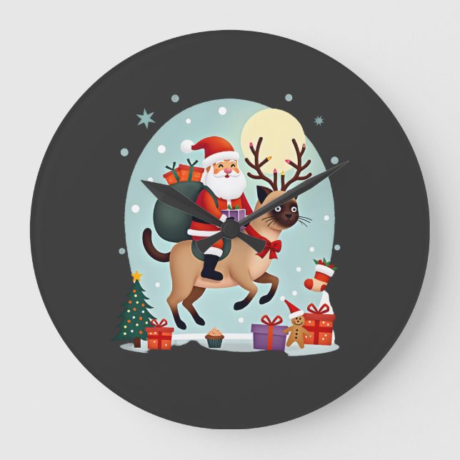 Santa Riding Reindeer Siamese Cat Christmas Tree L Large Clock (Front)