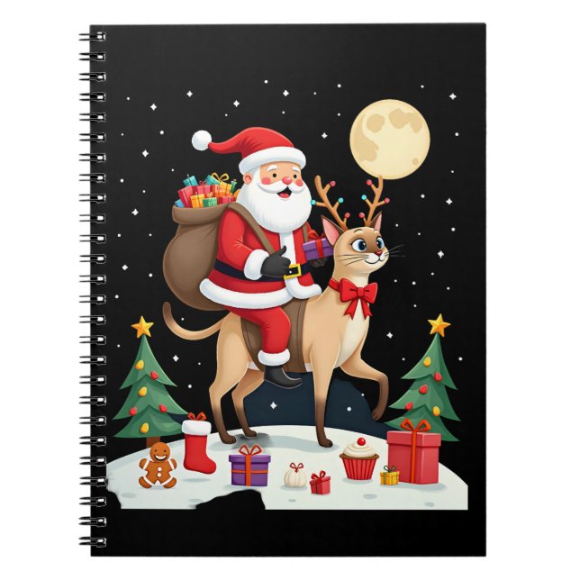 Santa Riding Reindeer Siamese Cat Christmas Tree L Notebook (Front)