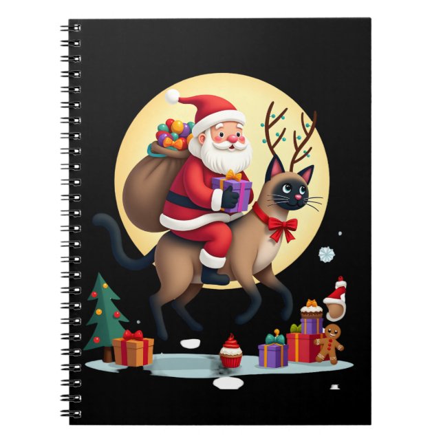 Santa Riding Reindeer Siamese Cat Christmas Tree L Notebook (Front)