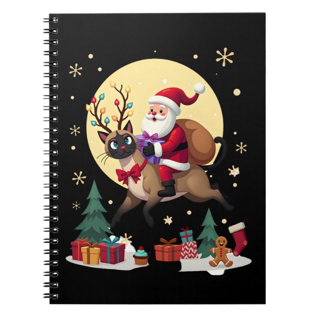 Santa Riding Reindeer Siamese Cat Christmas Tree L Notebook (Front)