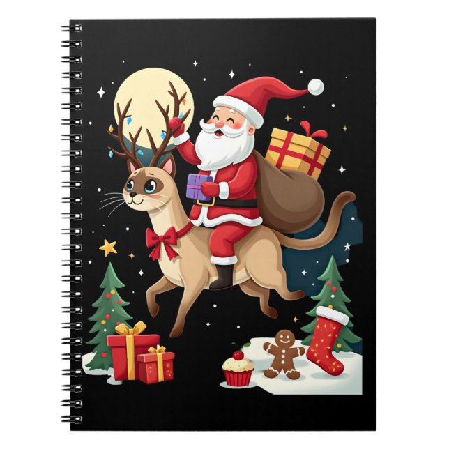 Santa Riding Reindeer Siamese Cat Christmas Tree L Notebook (Front)