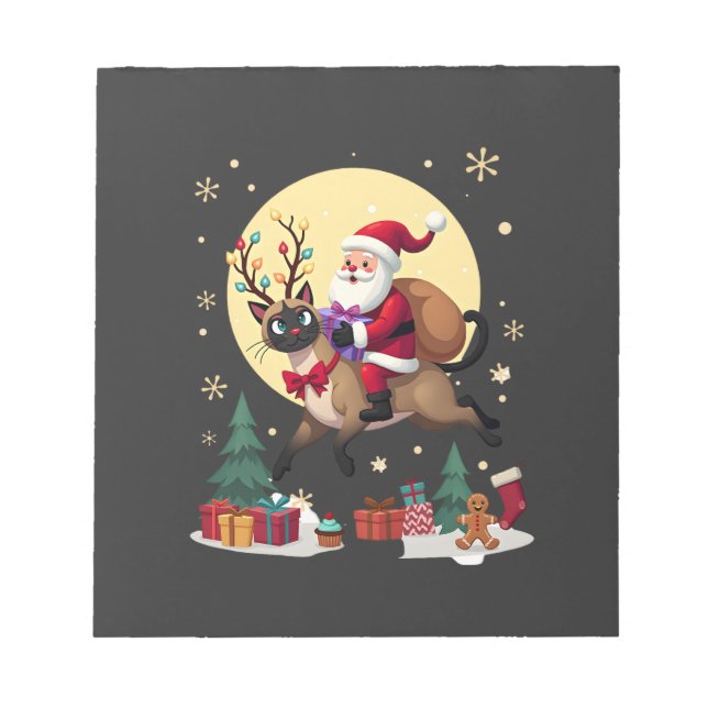 Santa Riding Reindeer Siamese Cat Christmas Tree L Notepad (Front)